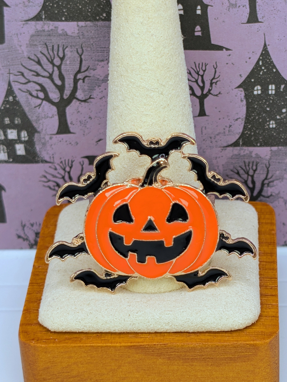 Enamel Orange and Black Jack-O'-Lantern Brooch with Bats